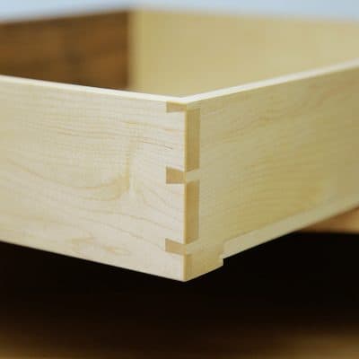 Wall hung drawer in blackwood, rock maple and sheoak.