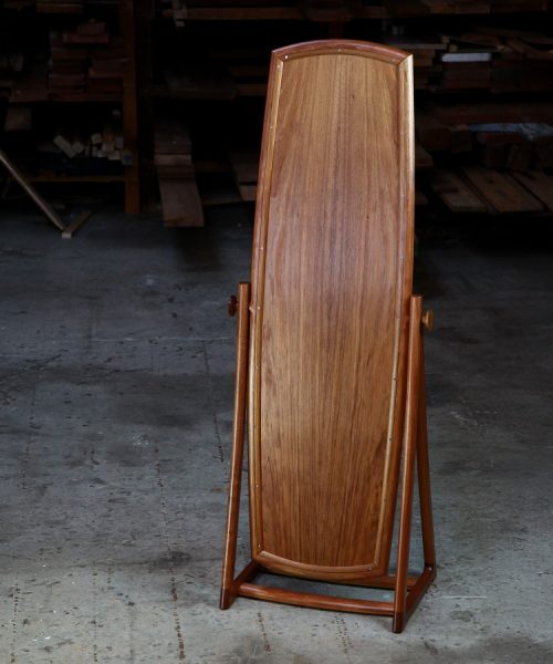 A cheval style mirror designed for Australian homes and crafted from native timbers.