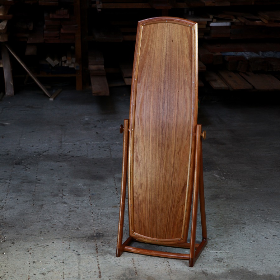 A cheval style mirror designed for Australian homes and crafted from native timbers.