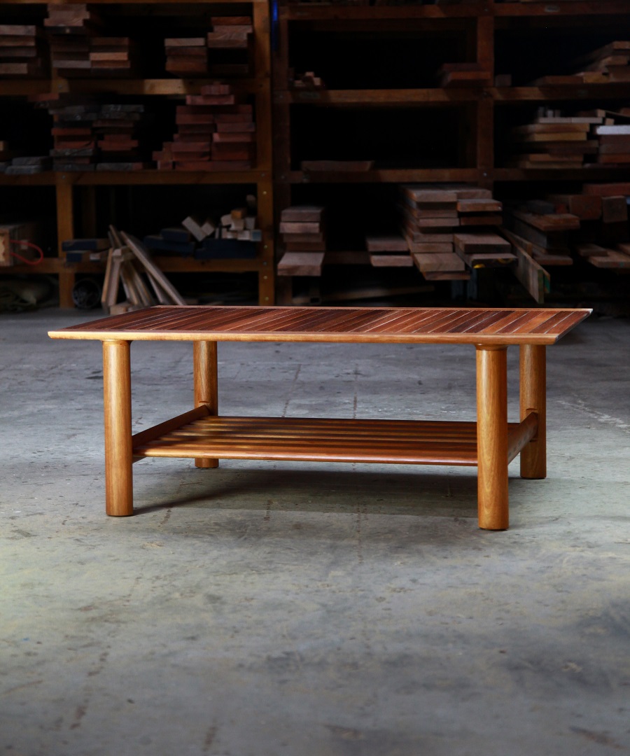 A coffee table with magazine shelf designed for Australian homes and crafted from native timbers.