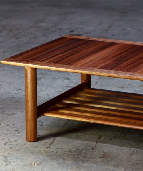 A coffee table with magazine shelf designed for Australian homes and crafted from native timbers.