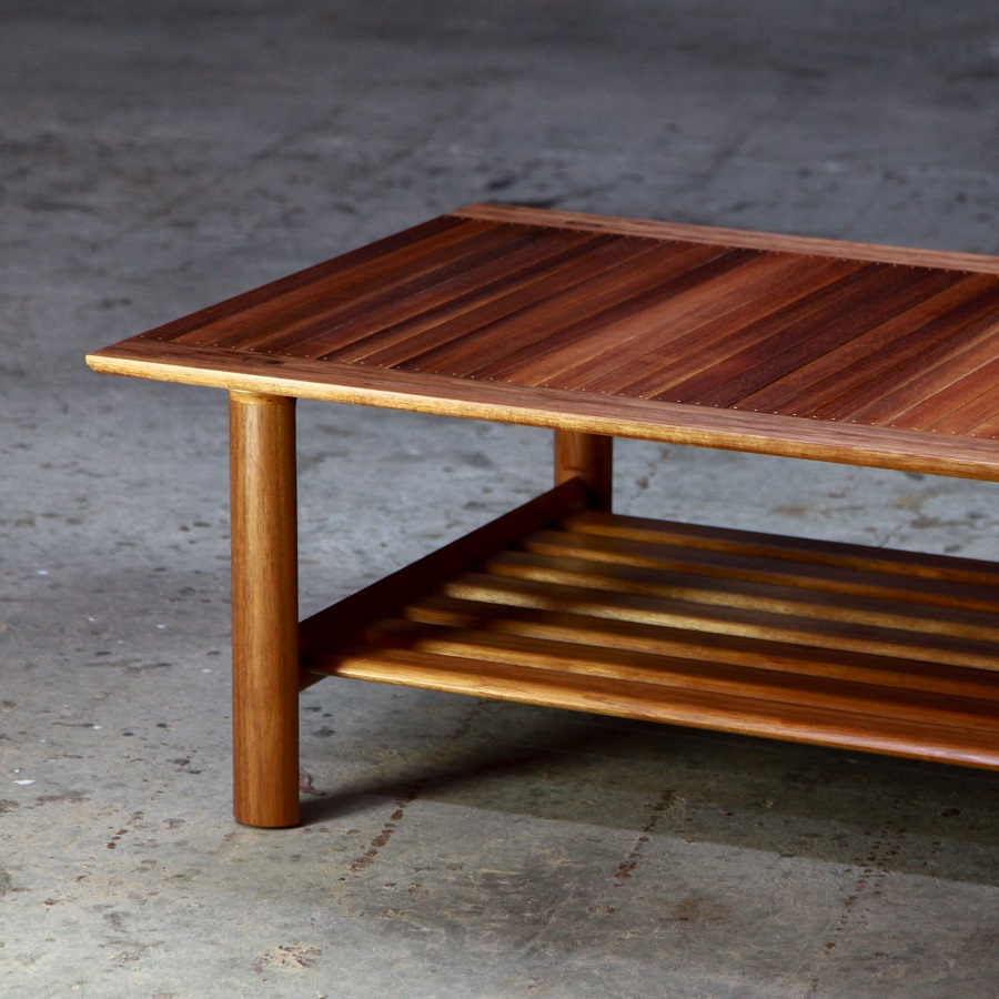 A coffee table with magazine shelf designed for Australian homes and crafted from native timbers.