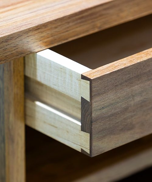 Drawer detail of Ben Hall Desk in blackwood, rock maple and gidgee
