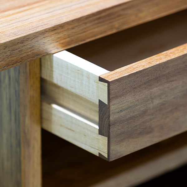 Drawer detail of Ben Hall Desk in blackwood, rock maple and gidgee